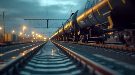 Fotobehang Train on the tracks with fuel tanks, a black large tank, rumbling through the countryside, a symbol of industrial power and efficiency, Generative AI.   © Muskan