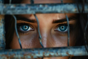 Close-up on a woman's eyes, set against the cold metal of a prison barrier