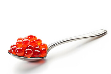 Spoon with red caviar isolated on white background