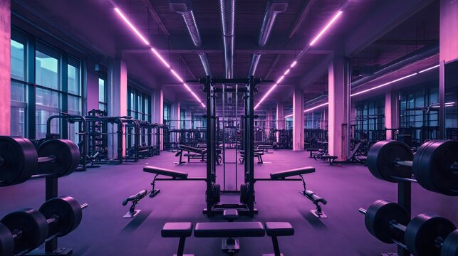Wide angle photography of an empty modern gym room interior full of weights, bars and racks. Strong artificial purple lighting illuminating the room, nighttime shadows, no people, nobody.