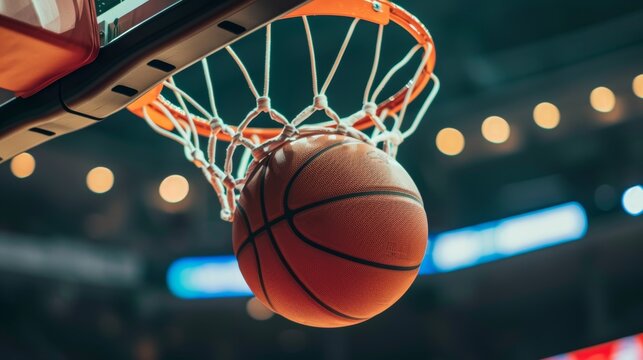 Dynamic close up of basketball player dunking, capturing athleticism and power in mid air action