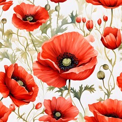 Watercolor seamless pattern with bright red poppy flowers. Floral background. Design for wallpapers with wild flowers.