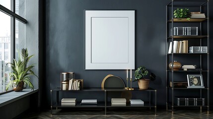 A mockup poster blank frame hanging on a chic charcoal gray wall, above a sleek metal shelving unit, Minimalist-style living area