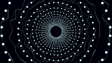 Vector cyber futuristic speed tunnel. Sci-fi wormhole. Abstract 3D wireframe portal with connections lines and dots. Data flow. Technology grid funnel.