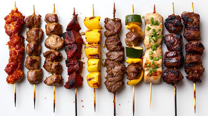 Grilled kebabs on skewers, perfectly seasoned and ready to delight, create a mouthwatering feast. Generative Ai

 - obrazy, fototapety, plakaty