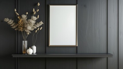 A mockup poster blank frame hanging on a chic charcoal gray accent wall, above a stylish floating shelf, Minimalist-style living area