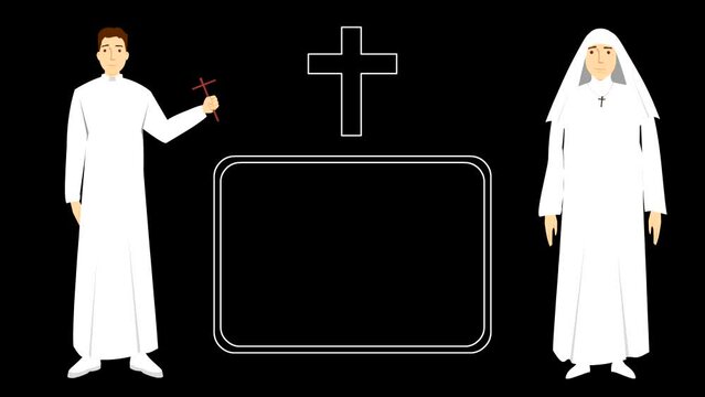Animation of a priest and a nun on a black background with a white cross and a panel for writing, religion, faith, catholic church.