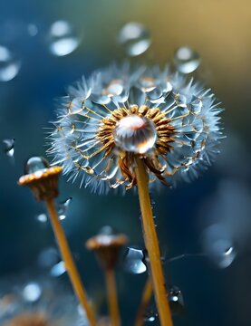 Beautiful dew drops on a dandelion seed macro. Beautiful blue background. Large golden dew drops on a parachute dandelion. Soft dreamy tender artistic image Generative AI