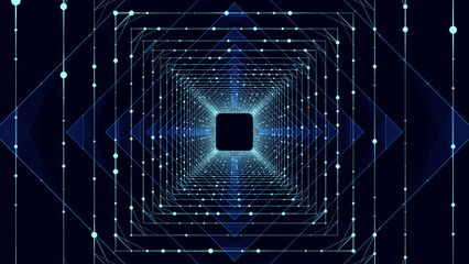 Cyber futuristic speed tunnel. Sci-fi vector wormhole. Abstract 3D wireframe portal with connections lines and dots. Data flow. Technology grid funnel. - obrazy, fototapety, plakaty