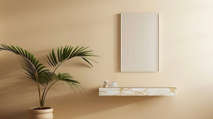 A mockup poster blank frame hanging on a calming beige wall, above a chic marble console shelf, Minimalist-style living area