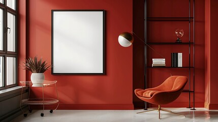 A mockup poster blank frame hanging on a bold red accent wall, above a futuristic acrylic bookshelf, Minimalist-style living area