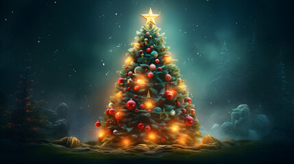 Joyful Evergreen Tree Decked Out with Baubles and Hazy Shining Lights