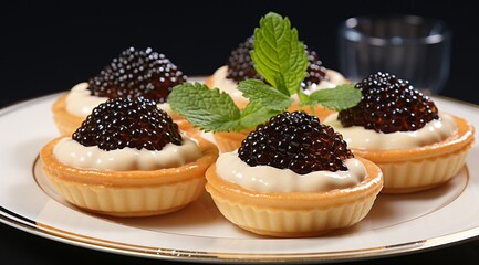 a plate of tarts with black caviar and mint leaves