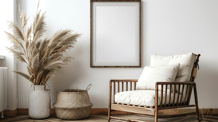 A mockup poster blank frame hanging above a vintage armchair, Scandinavian living area