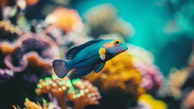 Colorful blenny fish swimming among vibrant corals in a saltwater aquarium setting