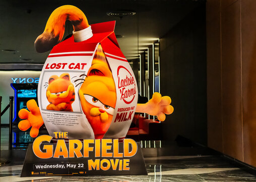 BANGKOK, THAILAND, 18 Feb 2024 - A beautiful standee of a movie called The Garfield Movie Display at the cinema to promote the movie