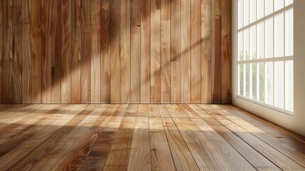 Naklejka premium Rustic charm captured in the interior of a cabin with rich wooden wall and floor panels, exuding warmth and coziness