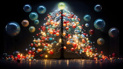 Joyful Tannenbaum Adorned with Globes and Blurred Glowing Lights