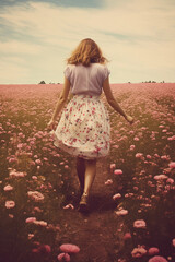 Young girl walking on flower field