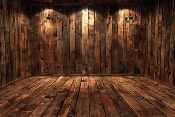 Rustic charm captured in the interior of a cabin with rich wooden wall and floor panels, exuding warmth and coziness - obrazy, fototapety, plakaty