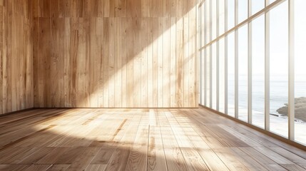 Rustic charm captured in the interior of a cabin with rich wooden wall and floor panels, exuding warmth and coziness
