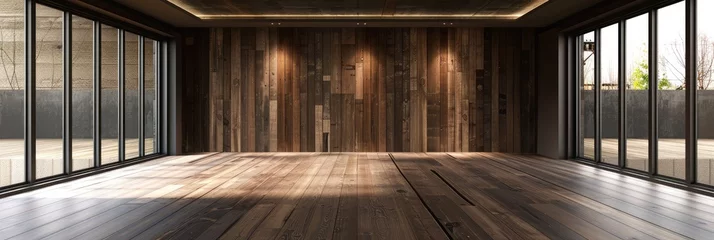 Foto op Plexiglas Rustic charm captured in the interior of a cabin with rich wooden wall and floor panels, exuding warmth and coziness © ttonaorh