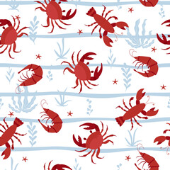 Obraz premium Cartoon lobsters, shrimps, crab, with algae and starfish. Marine seamless pattern