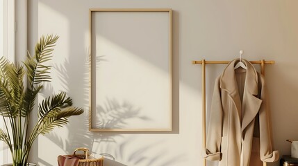 A mockup poster blank frame hanging above a stylish coat rack, Scandinavian living area