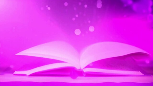  A magical book unfurling its pages, with words and pictures bursting into existence in a captivating shade of deep violet on a blank white canvas.
