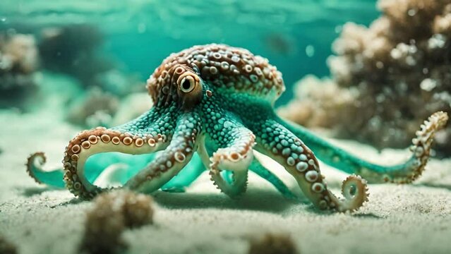  Octopus as it gracefully swims through the depths of the ocean. Its vibrant turquoise tentacles create a striking contrast against the crystal-clear white sea