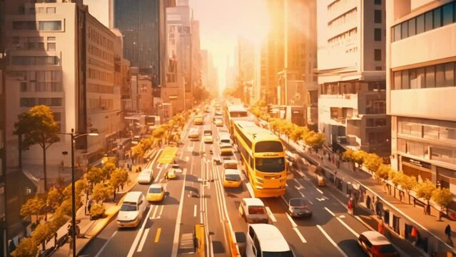 A bustling metropolis through an illustration of animated traffic and bustling pedestrians, with all buildings rendered in a striking goldenrod colour against a serene white skyline.