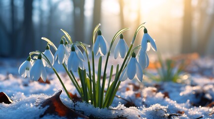 a group of white flowers in the snow - obrazy, fototapety, plakaty