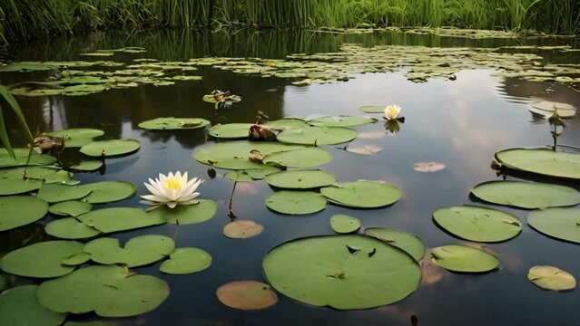 A peaceful pond adorned with lily pads gently drifting on its serene surface. Enliven the scene by animating frogs that joyfully hop from one pad to the next.