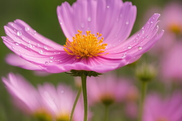 Obraz premium Vivid pink cosmos flower with a golden center, adorned with crystal-clear dew drops