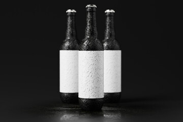 A cold bomber style beer bottle with water drops