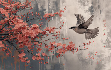 blossom with bird in spring wallpaper created with Generative AI technology