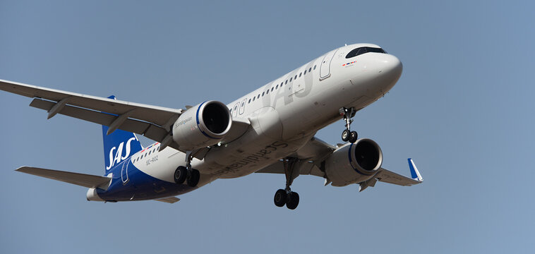 Tenerife, Spain February 18 st, 2024. Airbus A320-251N SAS Airlines flies in the blue sky. Landing at Tenerife Airport
