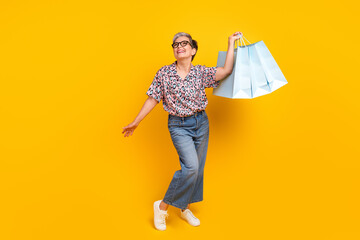 Full body photo of attractive pensioner woman shopper empty space dressed stylish leopard print...
