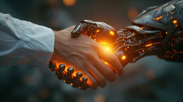 Human Hand Shaking a Robot Hand Symbolizing AI Collaboration and Partnership