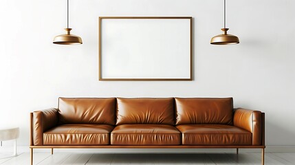 A mockup poster blank frame hanging above a sleek leather sofa, Scandinavian living area