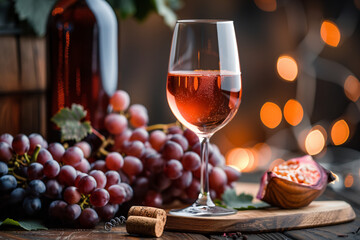 Glass of rose wine with grapes and bottle in cozy ambient light