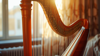 Close-up of a modern large harp in an aesthetic light minimalist interior. Music orchestra concept. Generative AI