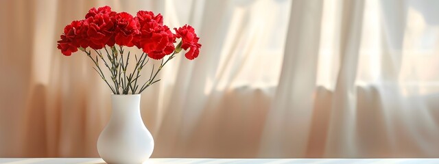 Red carnations in white vase on white background