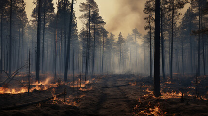 Ash from burned dry grass in a pine forest. - obrazy, fototapety, plakaty