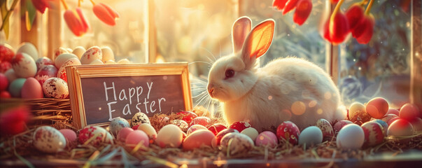 A festive banner with a white Easter bunny surrounded by Easter eggs and a black chalkboard wishing Happy Easter, in orange, red, and golden tones, warm atmosphere - obrazy, fototapety, plakaty