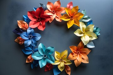 Colorful paper flowers are arranged in a circle