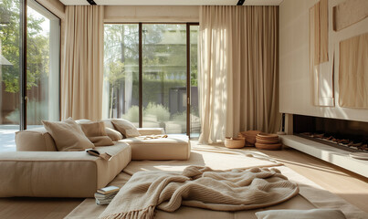 jasny nowoczesny salon, wnętrze w minimalistycznym stylu, duże okna miękkie meble wypoczynkowe w beżowych kolorach przyjemne koce i poduszki, kominek