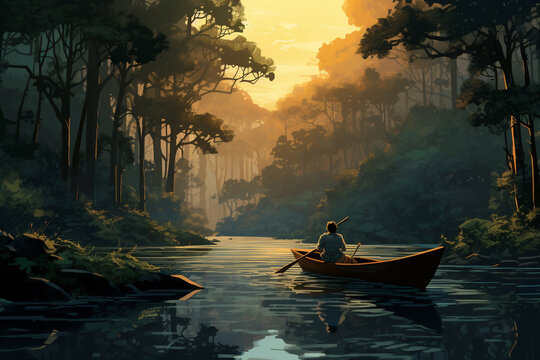 illustration of a grandfather rowing a boat in a dense forest river