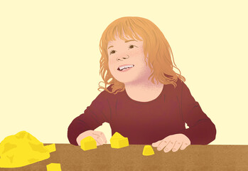Happy child playing with building blocks illustration