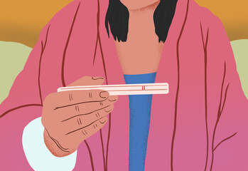 Woman with ositive pregnancy test reveal in a lifestyle illustration